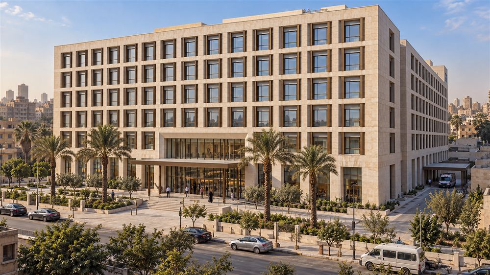 Al Hikma Hospital: a six-storey limestone hospital with bronze-framed windows and a palm-lined forecourt in Cairo