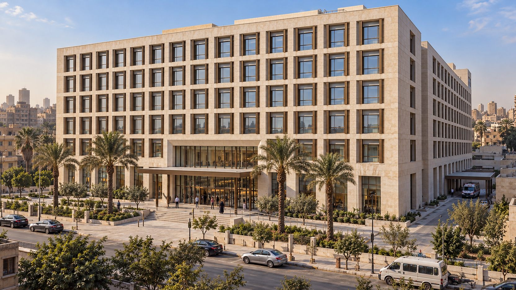 Al Hikma Hospital: a six-storey limestone hospital with bronze-framed windows and a palm-lined forecourt in Cairo