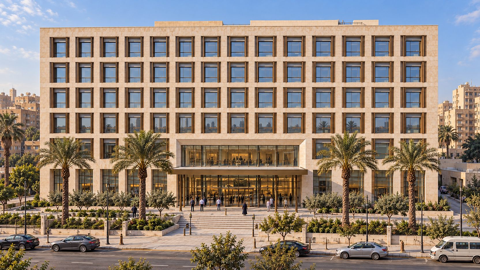 Al Hikma Hospital: a six-storey limestone hospital with bronze-framed windows and a palm-lined forecourt in Cairo