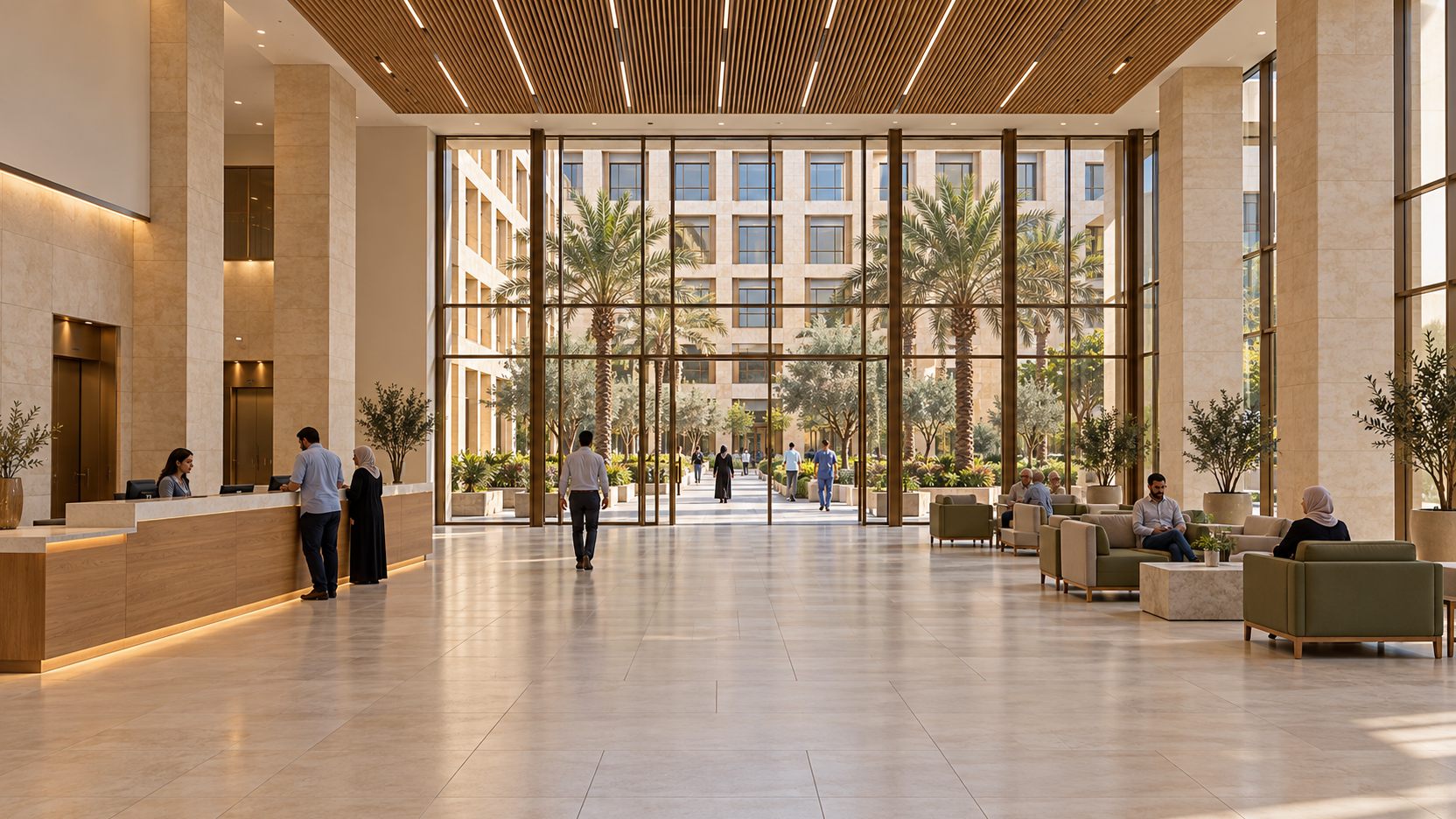 Al Hikma Hospital: a six-storey limestone hospital with bronze-framed windows and a palm-lined forecourt in Cairo