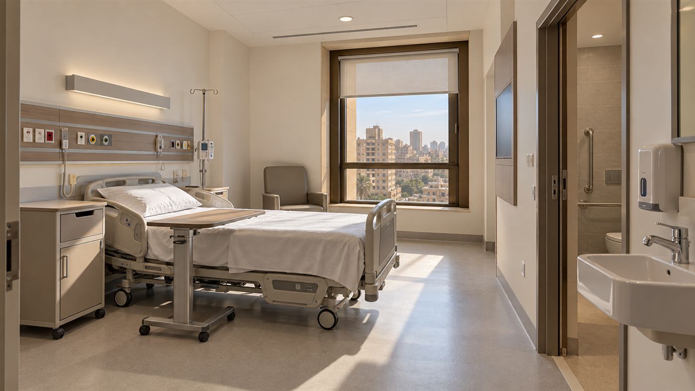 Al Hikma Hospital: a six-storey limestone hospital with bronze-framed windows and a palm-lined forecourt in Cairo