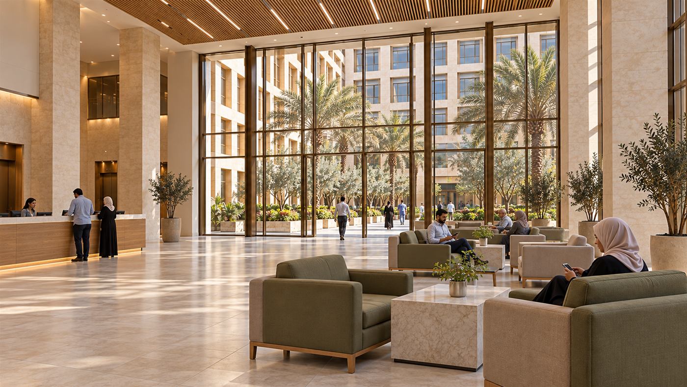 Al Hikma Hospital: a patient room with a window to the city