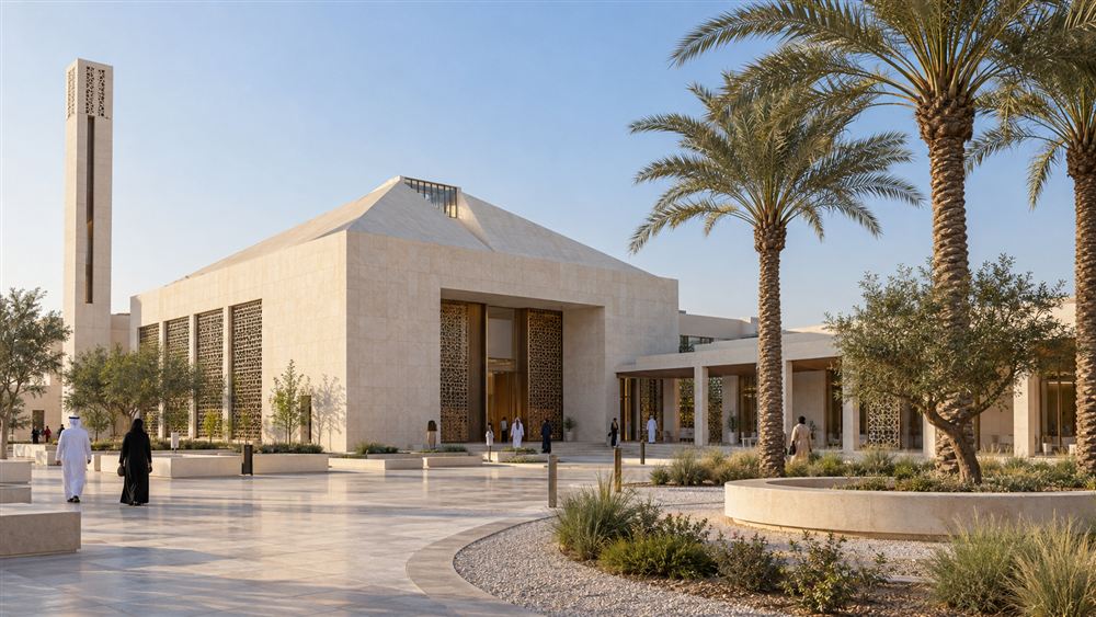 Al Salam Mosque: a pale limestone mosque and community centre around an olive-tree courtyard in Dubai