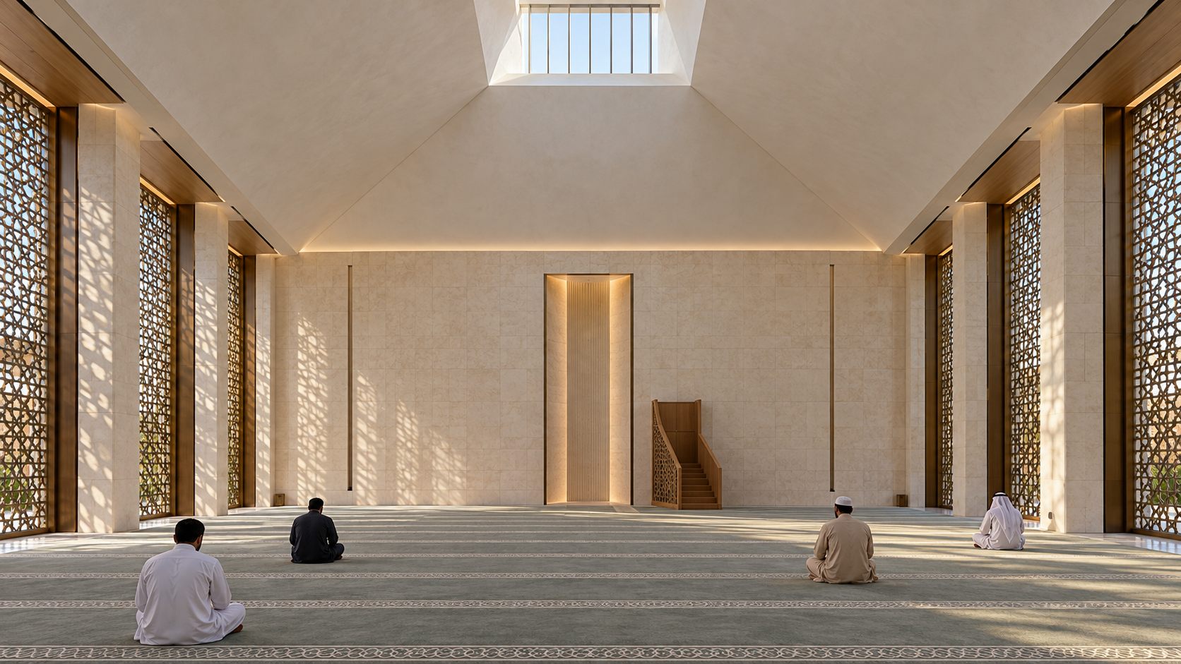 Al Salam Mosque: a pale limestone mosque and community centre around an olive-tree courtyard in Dubai