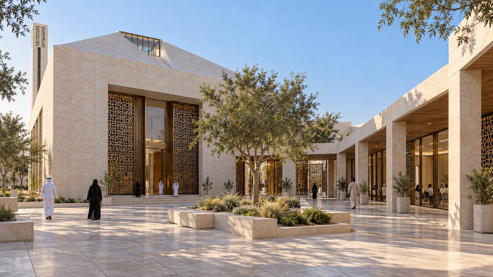 Al Salam Mosque: a pale limestone mosque and community centre around an olive-tree courtyard in Dubai