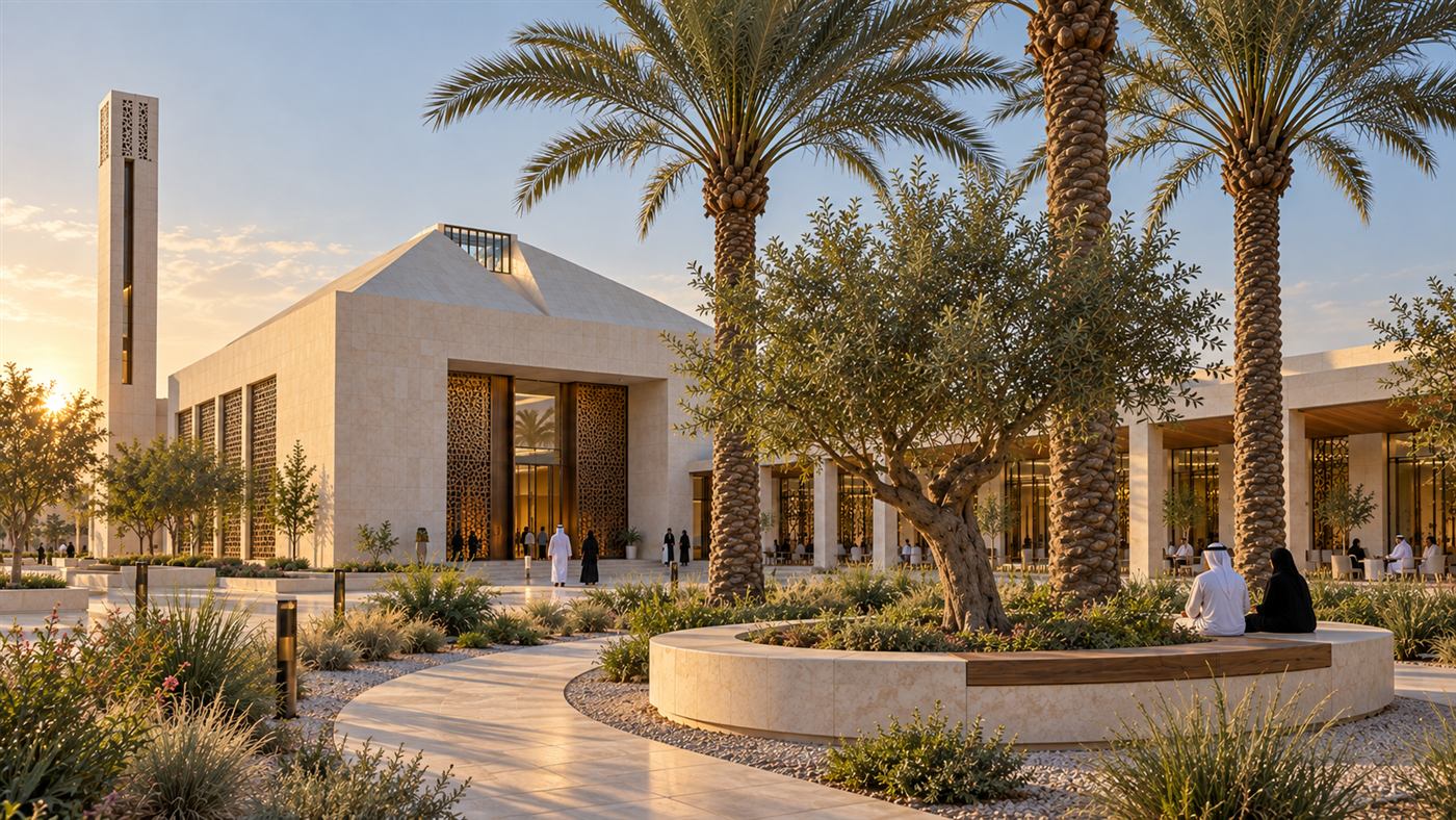 Al Salam Mosque: a pale limestone mosque and community centre around an olive-tree courtyard in Dubai