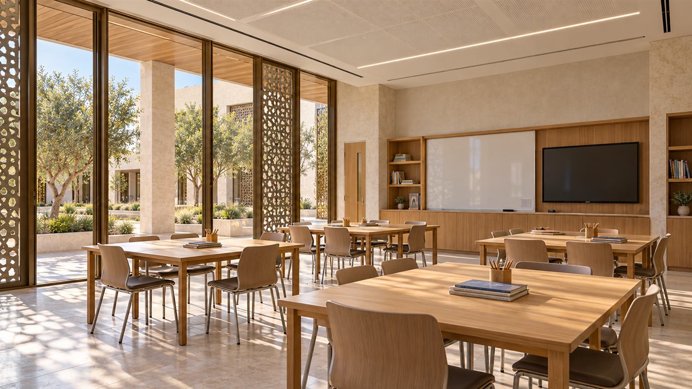 Al Salam Mosque: the courtyard seating under olive and date trees