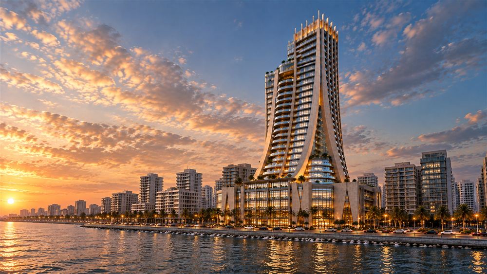 Alexandria Tower: a sculpted tower with a distinctive crown on the shoreline