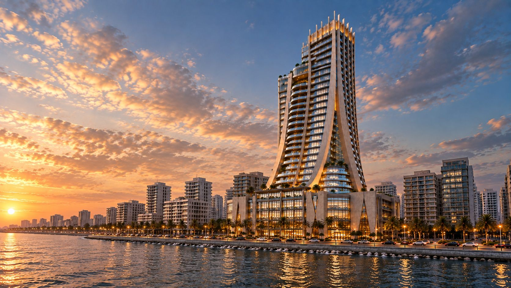 Alexandria Tower: a sculpted tower with a distinctive crown on the shoreline