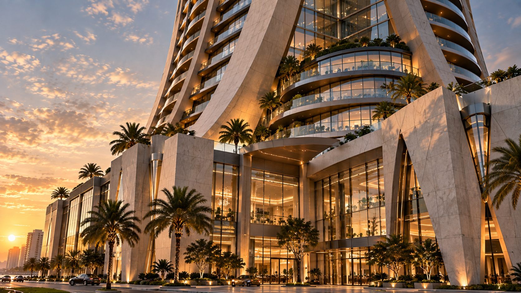 Alexandria Tower: a sculpted tower with a distinctive crown on the shoreline