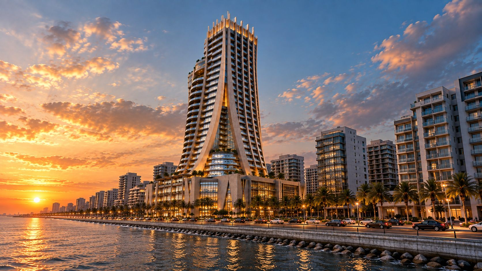Alexandria Tower: a sculpted tower with a distinctive crown on the shoreline