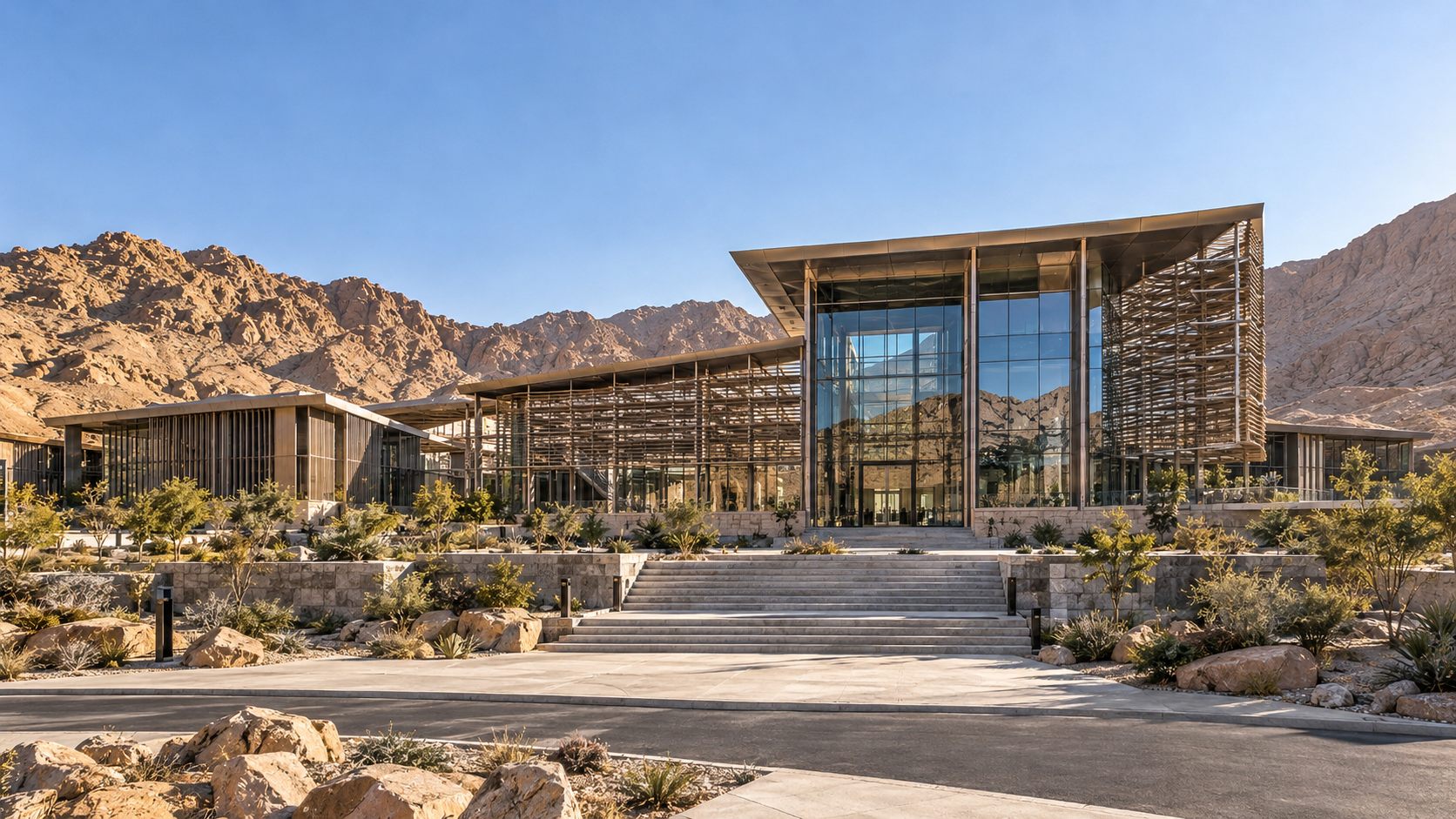 AMTEC: a research campus of bronze louvres, steel and glass in the mountains of Aswan