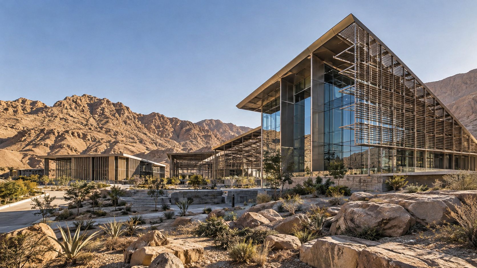 AMTEC: a research campus of bronze louvres, steel and glass in the mountains of Aswan