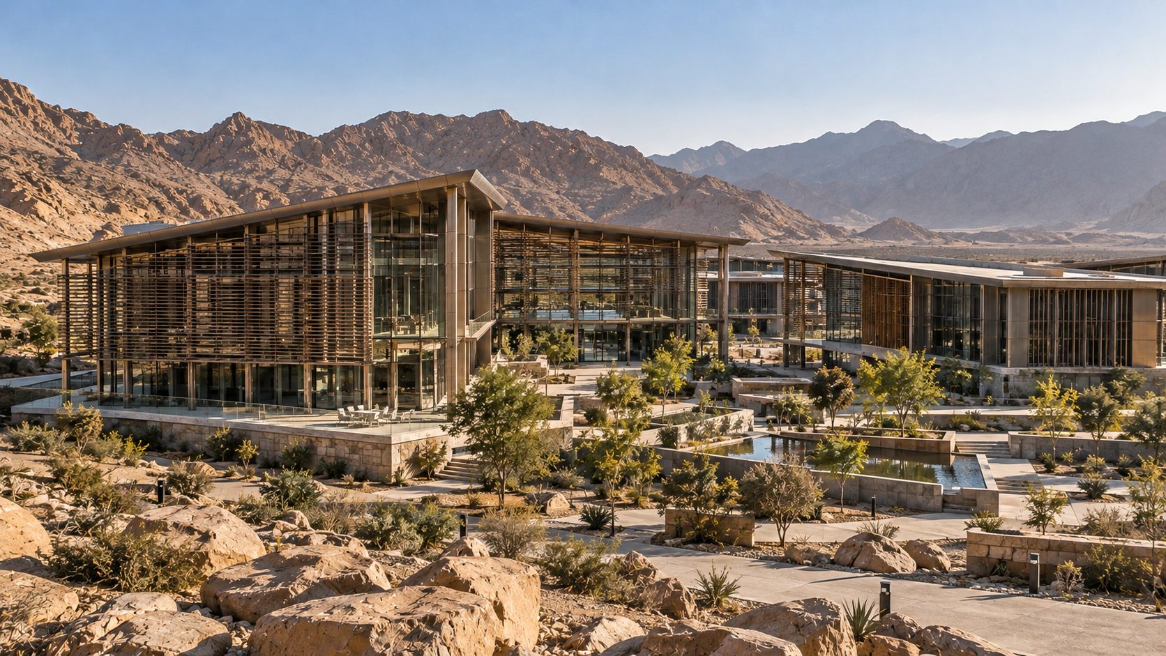 AMTEC: a research campus of bronze louvres, steel and glass in the mountains of Aswan