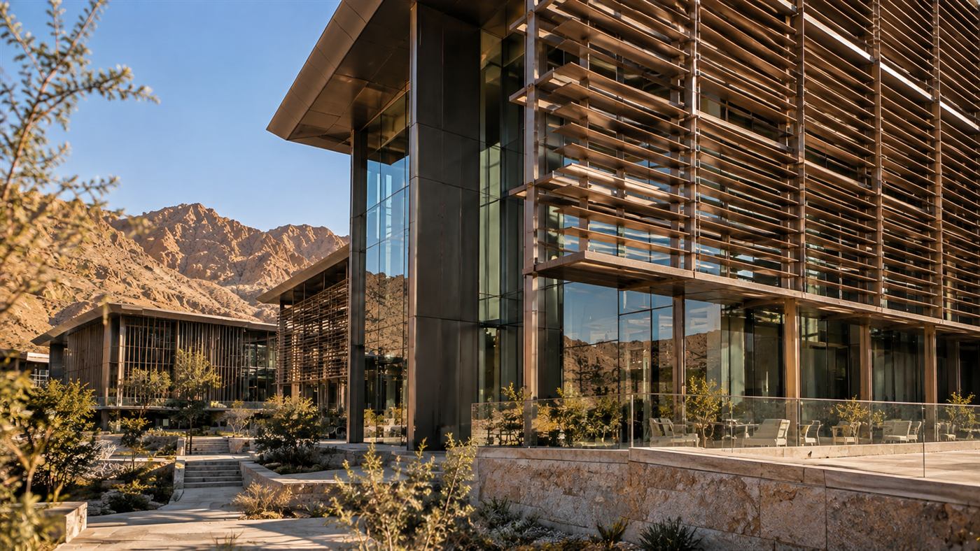 AMTEC: a research campus of bronze louvres, steel and glass in the mountains of Aswan