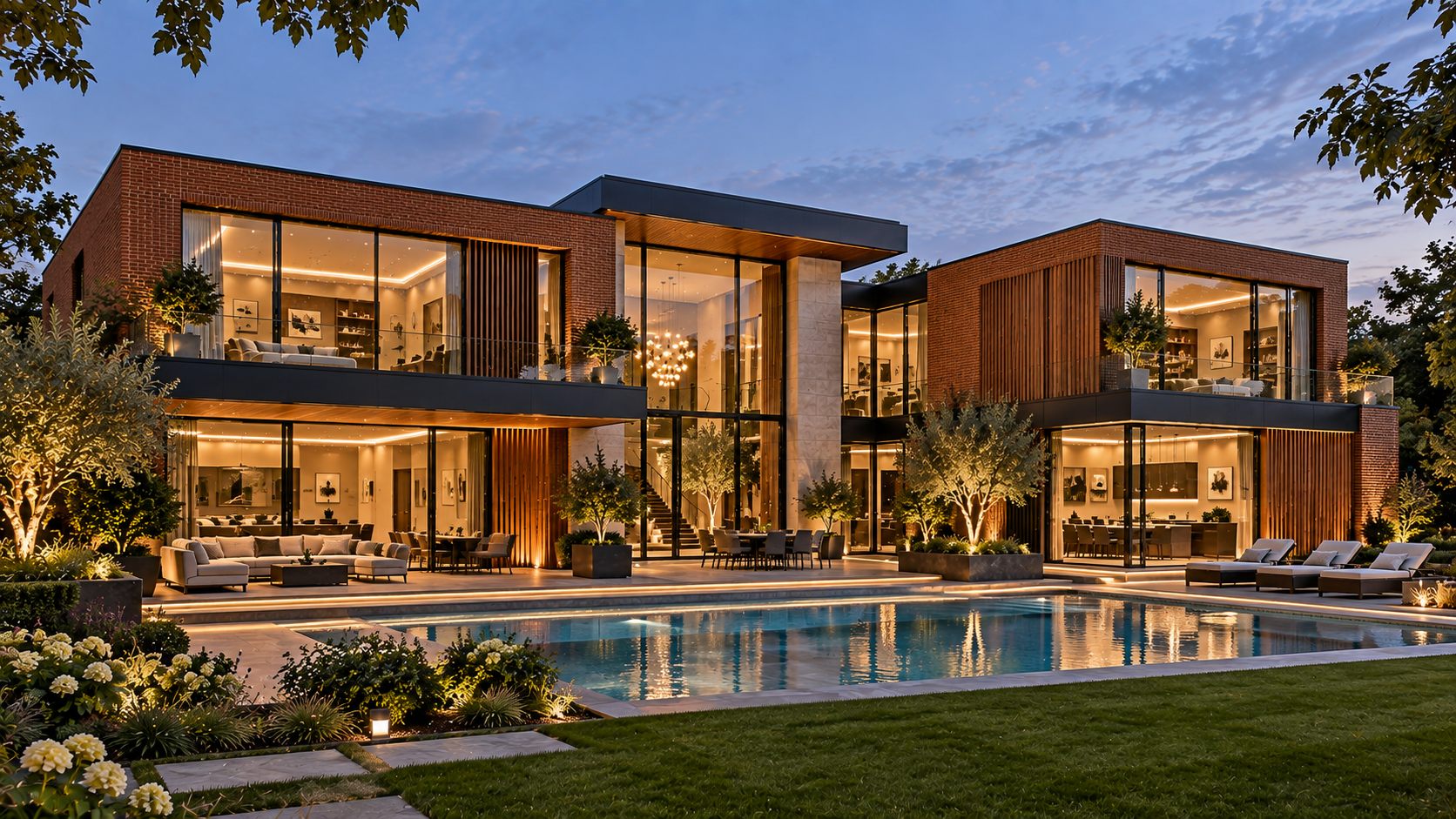 Country Residence: a brick, timber and glass house with a pool at twilight
