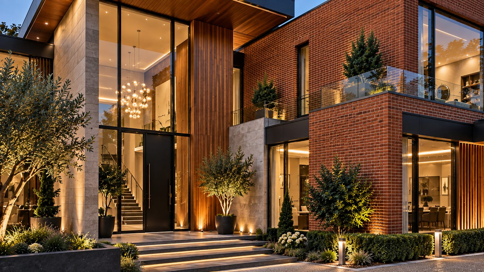 Country Residence: a brick, timber and glass house with a pool at twilight