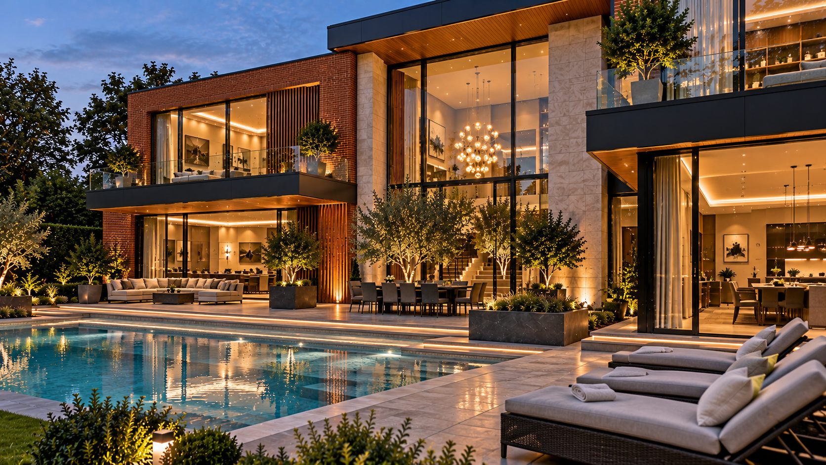 Country Residence: a brick, timber and glass house with a pool at twilight
