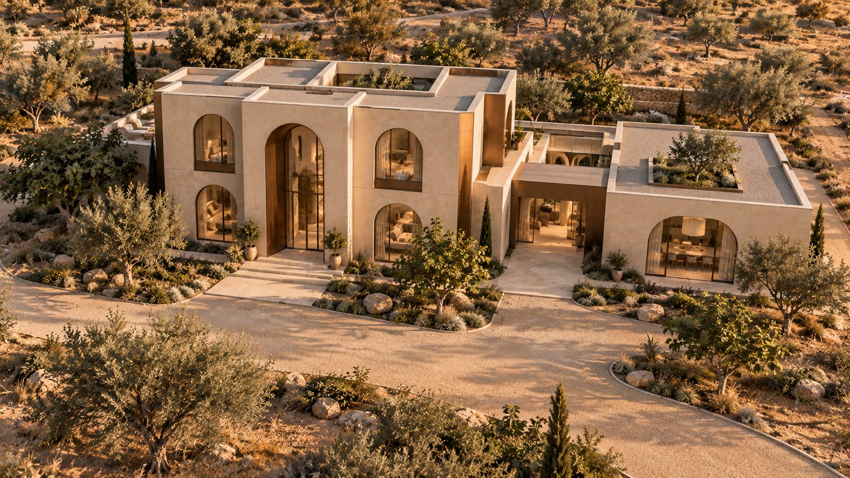 Dar Jood: a pale limestone house of arched openings beside a long pool, among olive trees