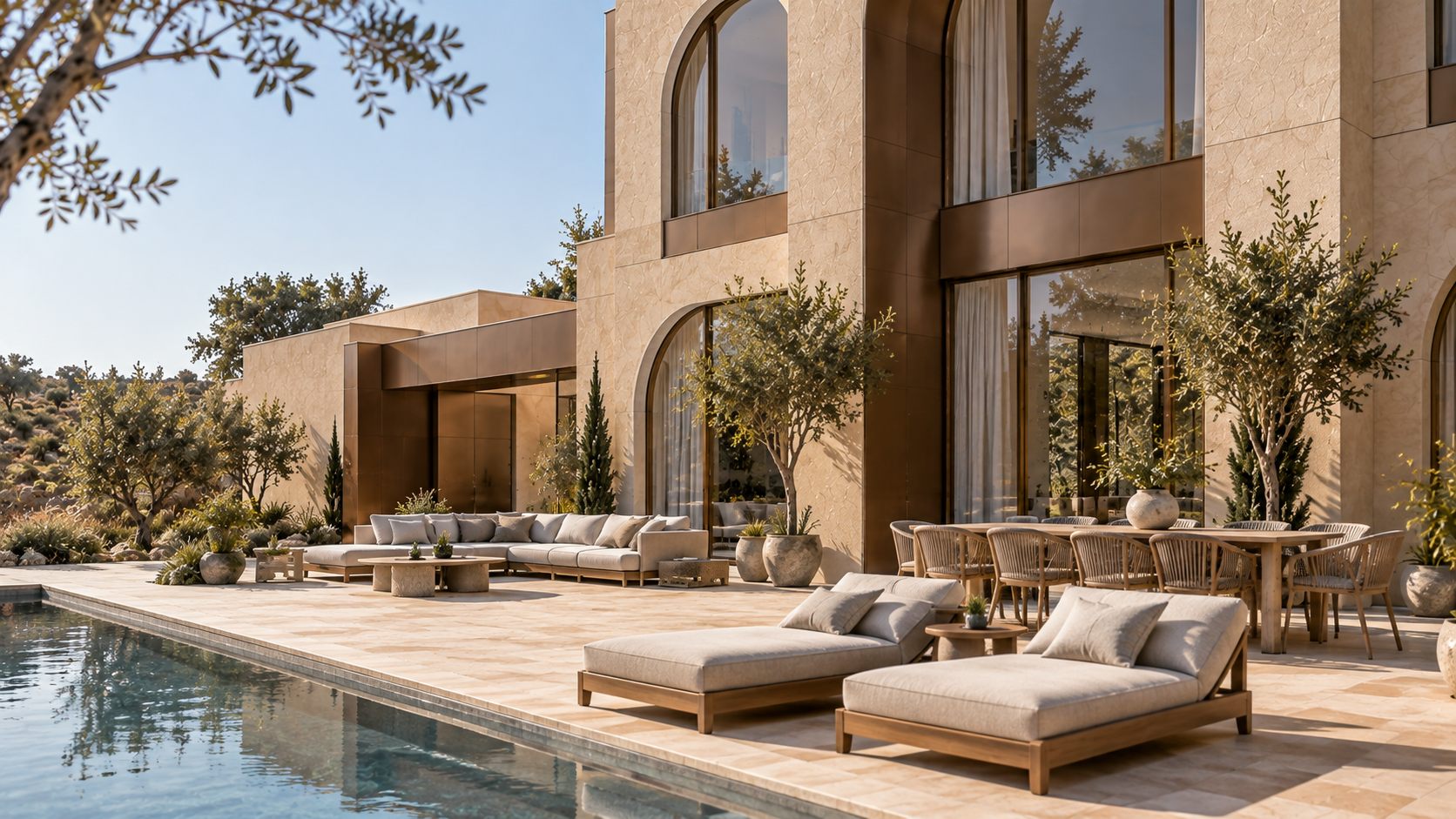 Dar Jood: a pale limestone house of arched openings beside a long pool, among olive trees