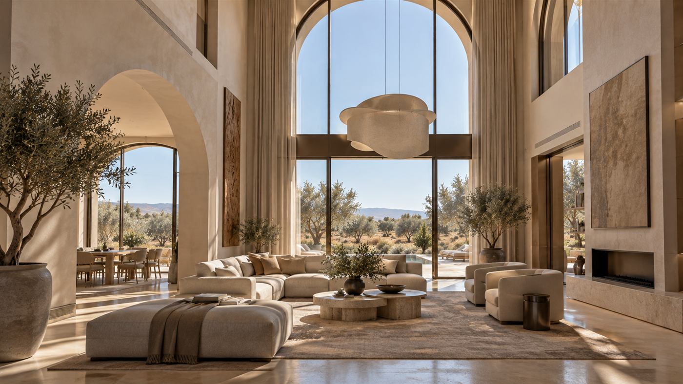 Dar Jood: the double-height living room under a pendant light