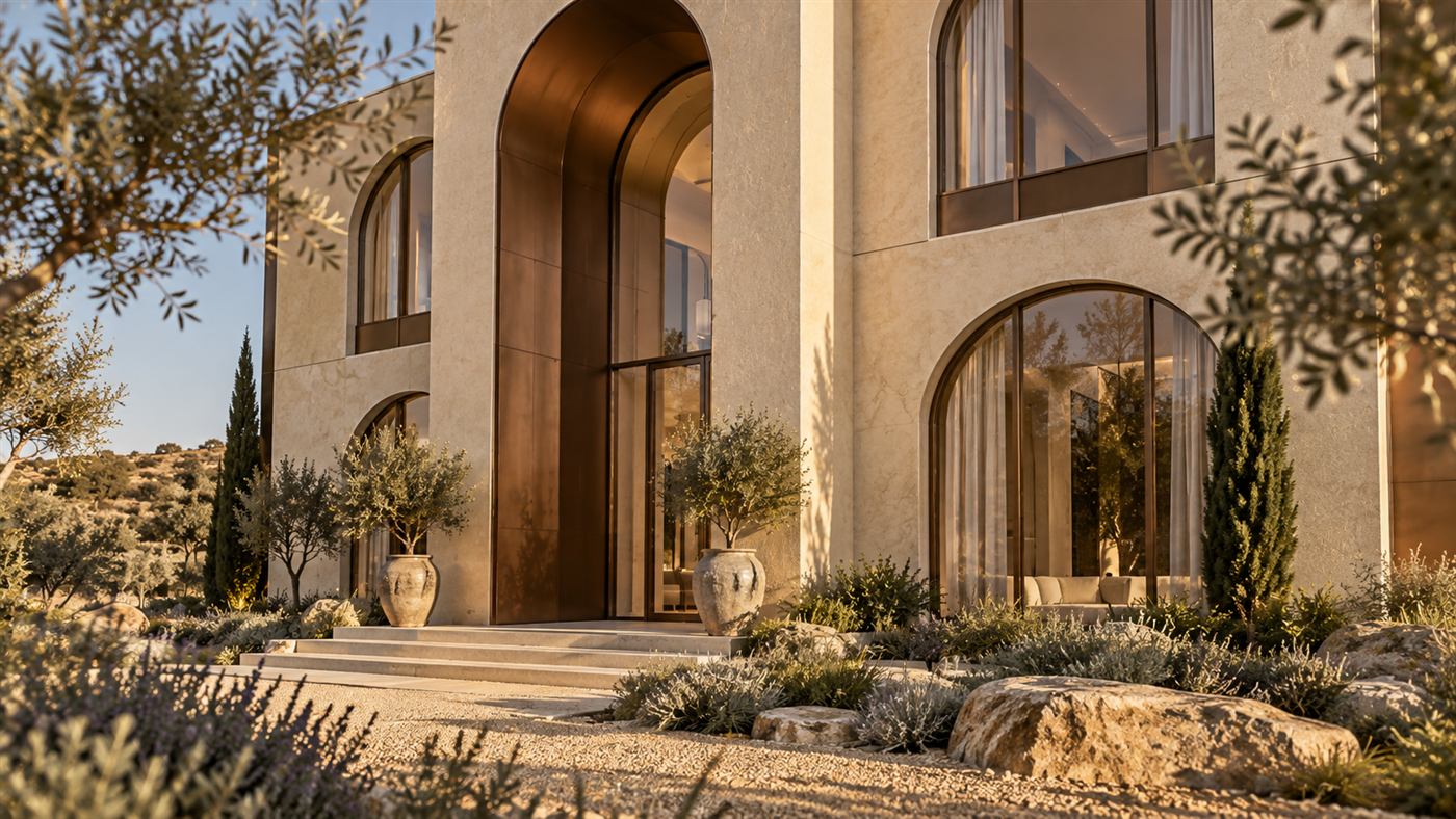 Dar Jood: a bronze-framed arch in the limestone facade