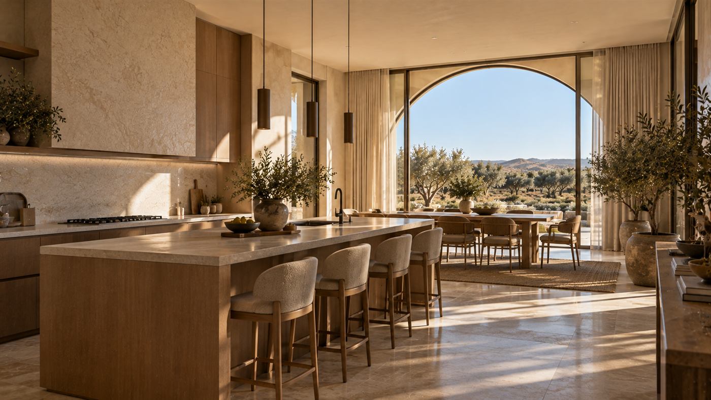 Dar Jood: the kitchen, in oak and stone, opening to the view