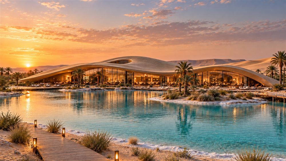 Dune: low shell-like pavilions around a still lagoon in the dunes of Siwa