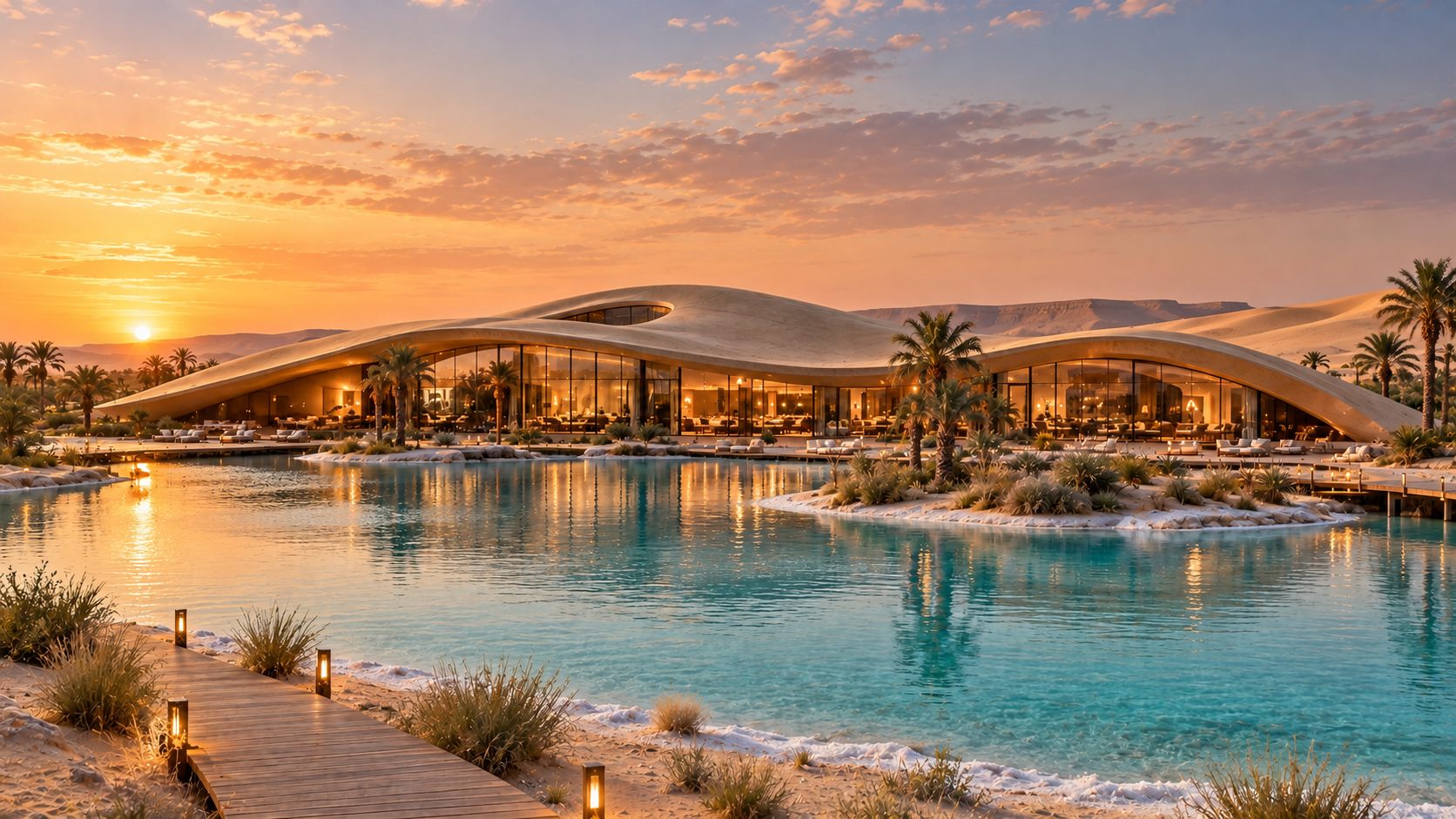 Dune: low shell-like pavilions around a still lagoon in the dunes of Siwa