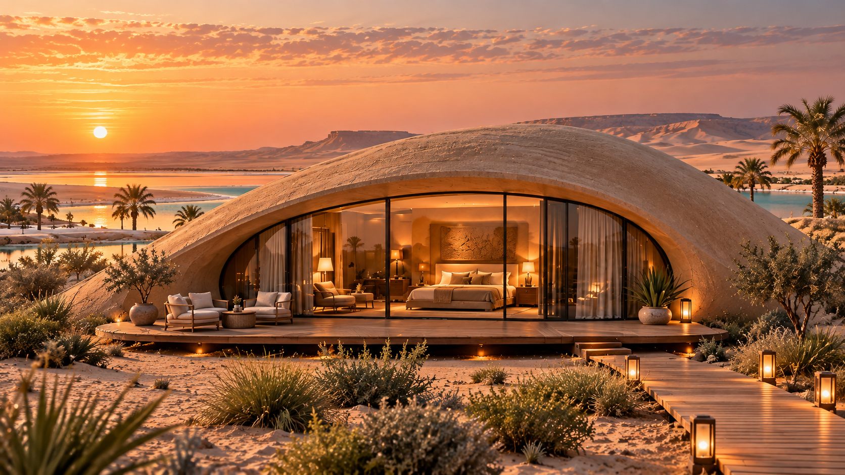 Dune: low shell-like pavilions around a still lagoon in the dunes of Siwa