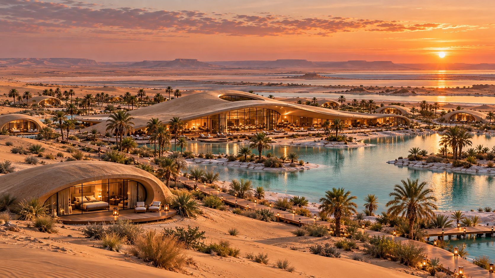 Dune: low shell-like pavilions around a still lagoon in the dunes of Siwa