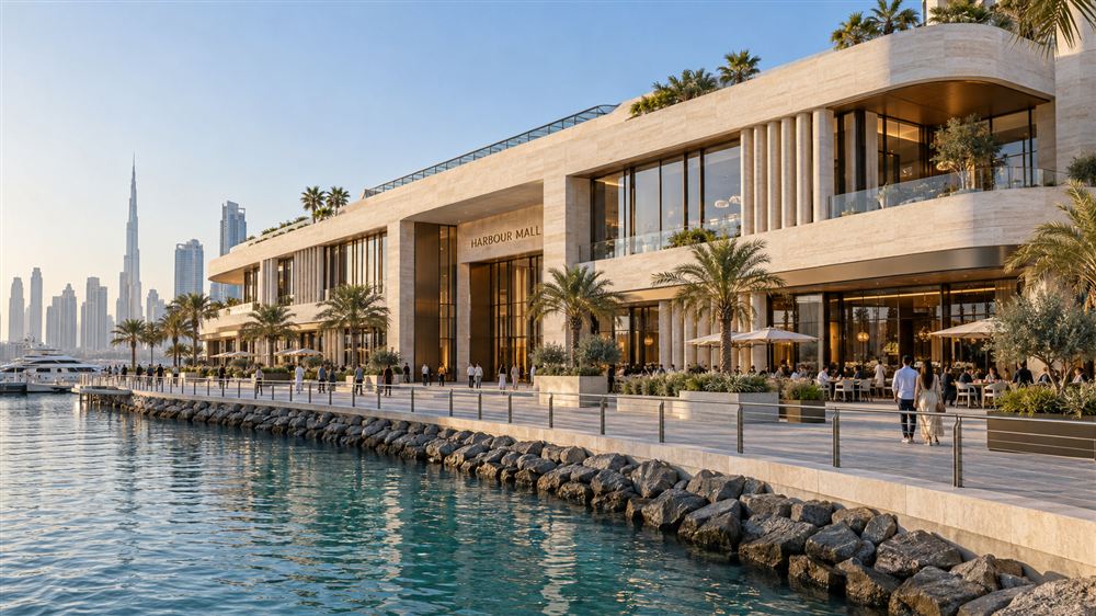 Harbour Mall: a travertine waterfront shopping centre with a promenade and the Dubai skyline behind