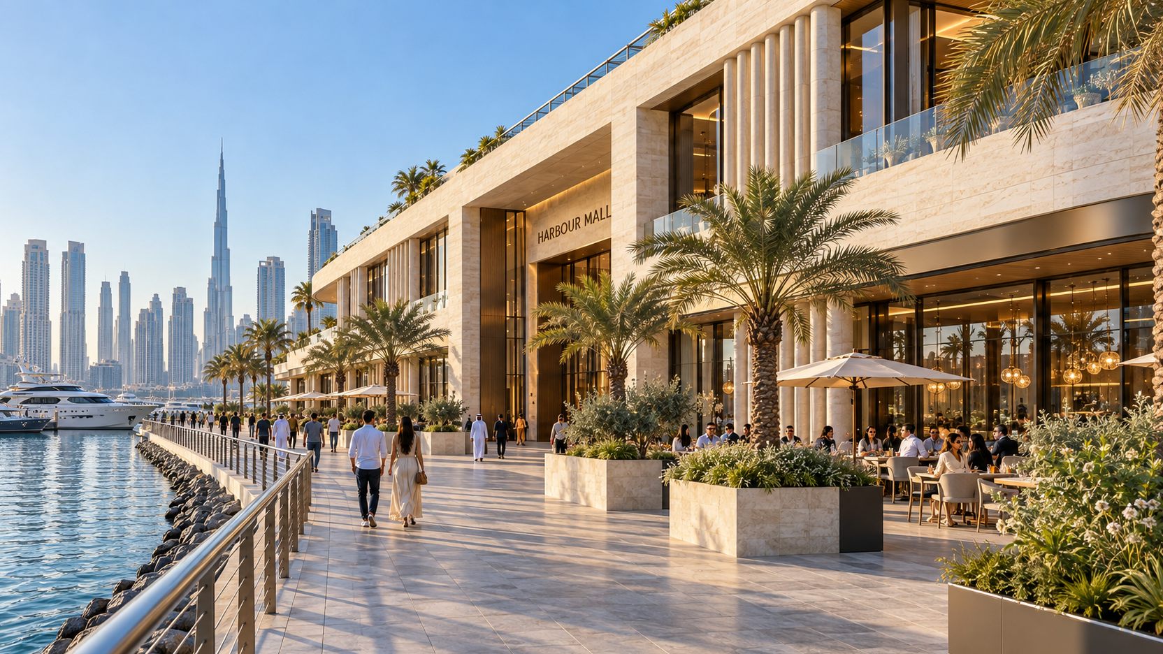 Harbour Mall: a travertine waterfront shopping centre with a promenade and the Dubai skyline behind