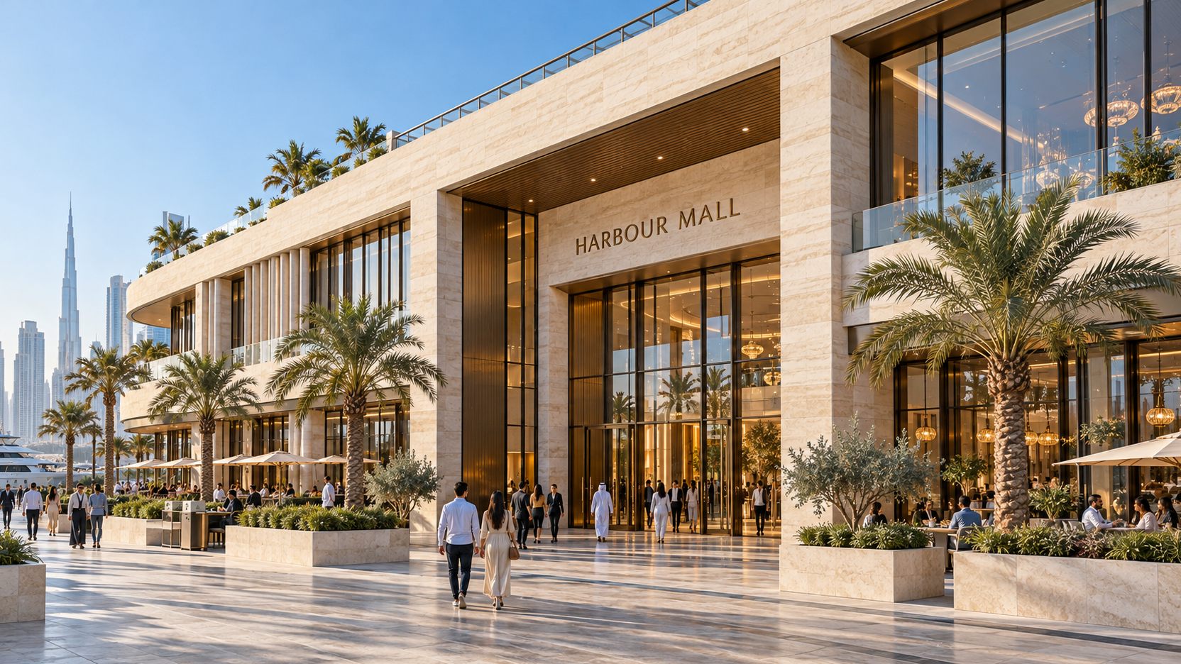 Harbour Mall: a travertine waterfront shopping centre with a promenade and the Dubai skyline behind