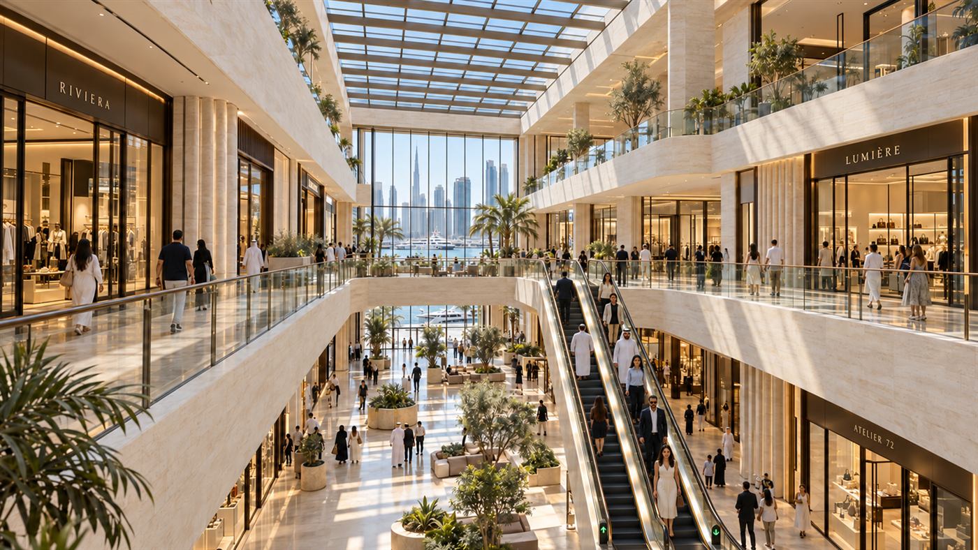 Harbour Mall: the travertine columns and glazed entrance