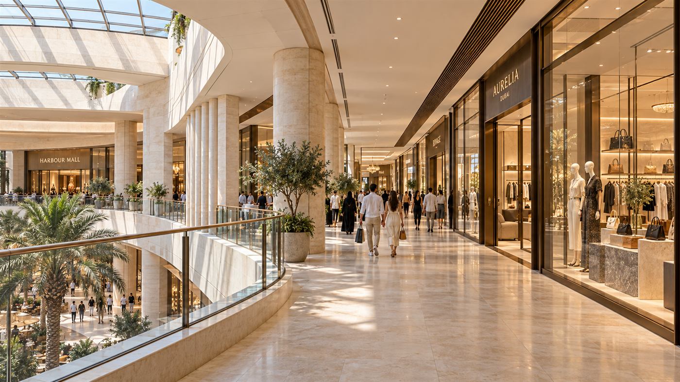 Harbour Mall: a travertine column and glass balustrade
