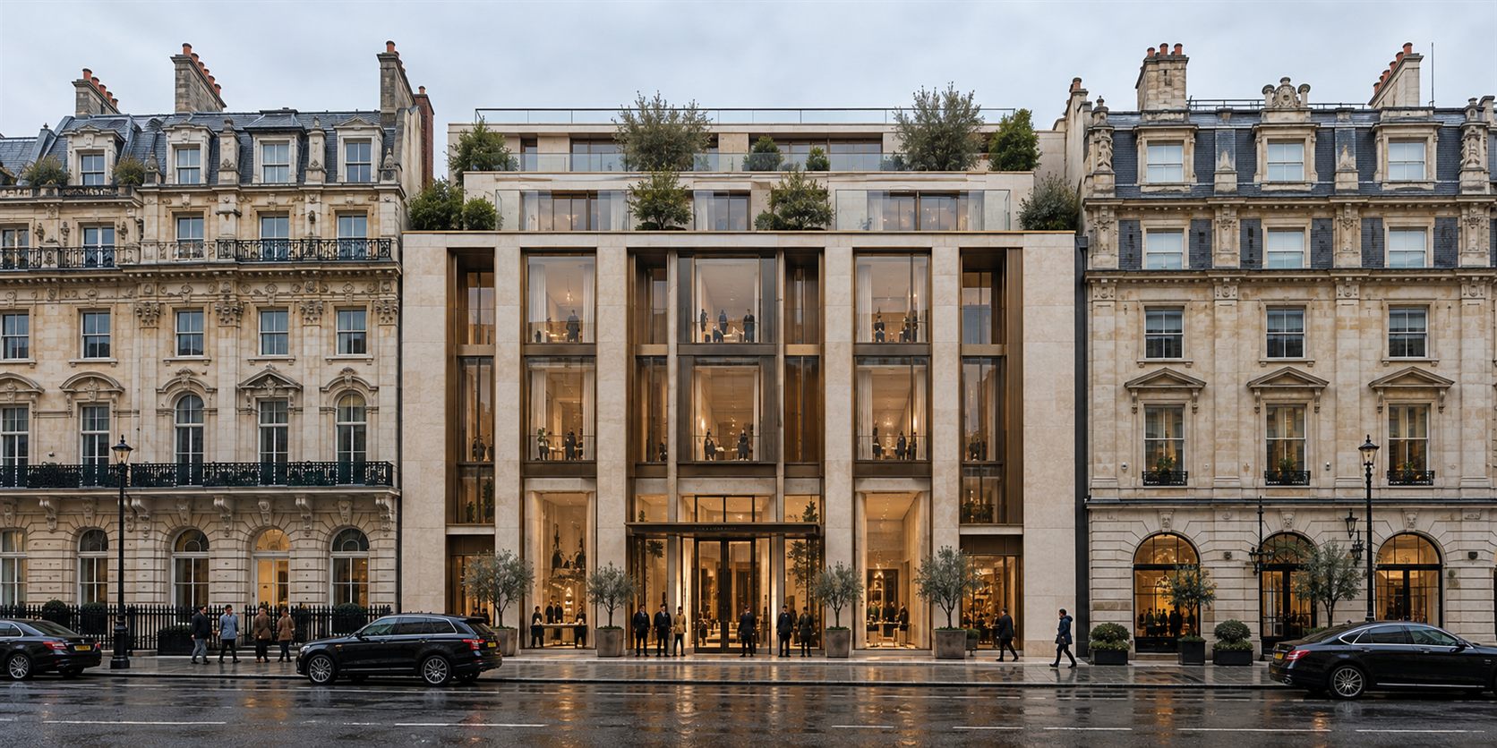 Hotel H: a stone-clad hotel front between historic buildings in London