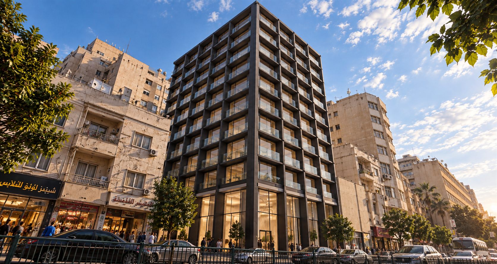 Kobri El-Gamaa Residences: a dark-framed residential block among Alexandria apartment streets