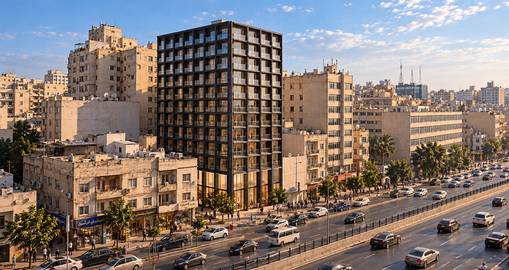 Kobri El-Gamaa Residences: a dark-framed residential block among Alexandria apartment streets