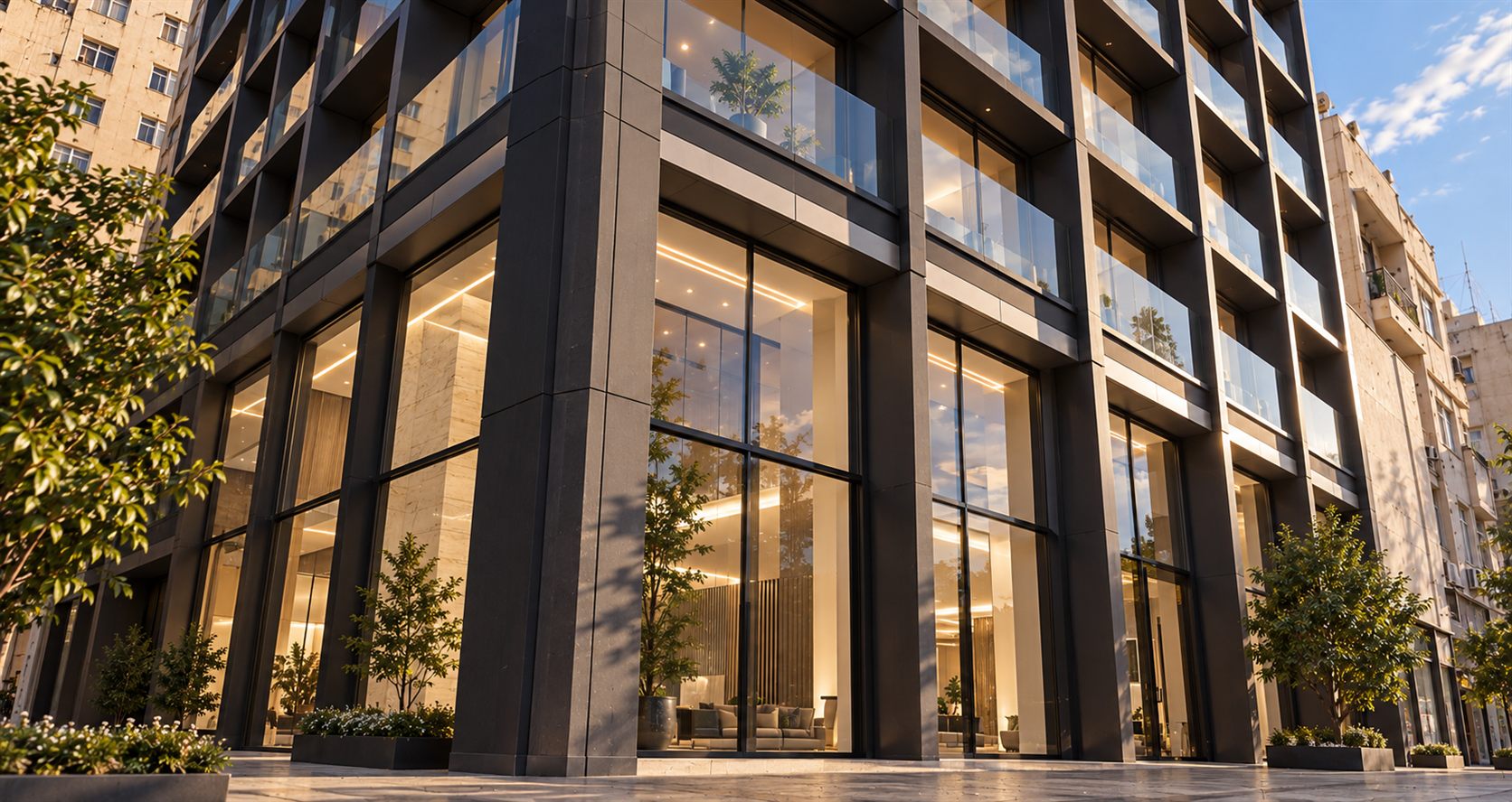 Kobri El-Gamaa Residences: a dark-framed residential block among Alexandria apartment streets