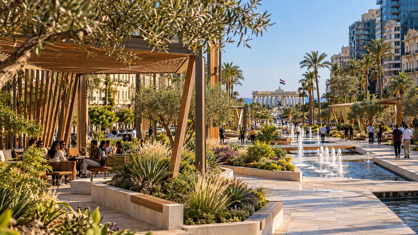 Mansheya Gardens: a timber pavilion looking along the fountains towards the sea