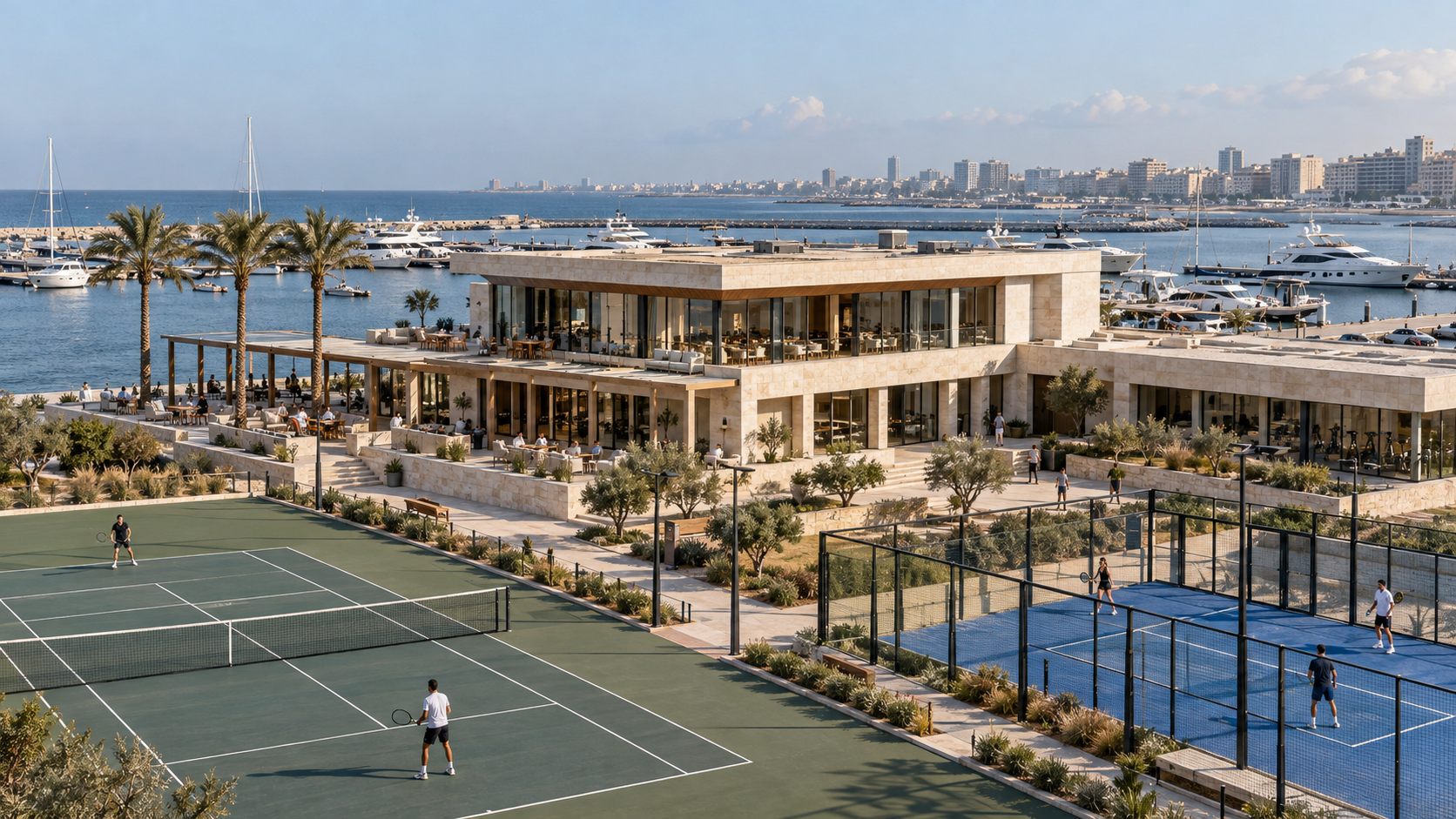 Marina Sports Club: a limestone clubhouse with tennis and padel courts beside the Alexandria marina