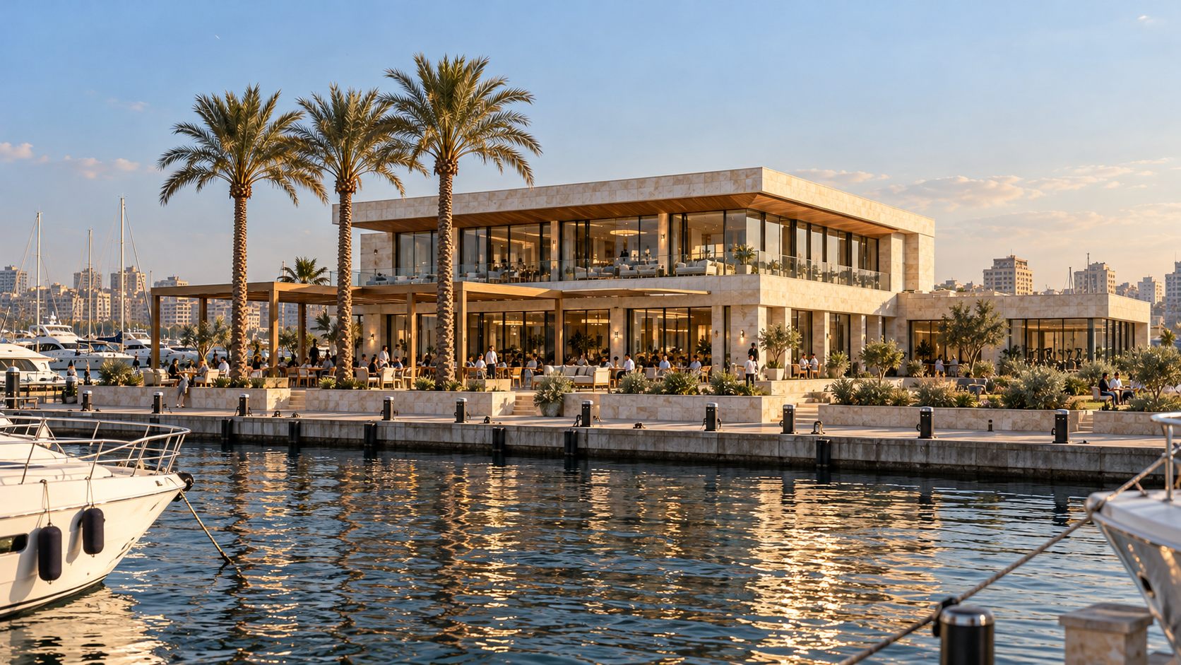 Marina Sports Club: a limestone clubhouse with tennis and padel courts beside the Alexandria marina