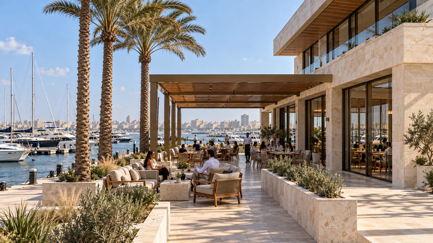 Marina Sports Club: a limestone clubhouse with tennis and padel courts beside the Alexandria marina