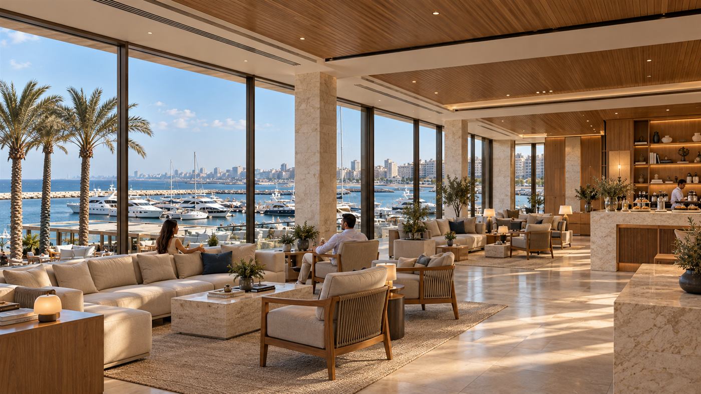 Marina Sports Club: a limestone clubhouse with tennis and padel courts beside the Alexandria marina