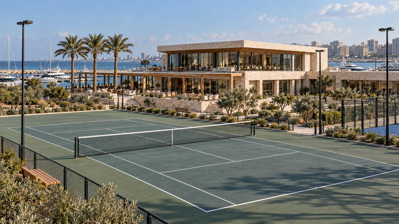 Marina Sports Club: the main lounge looking over the marina