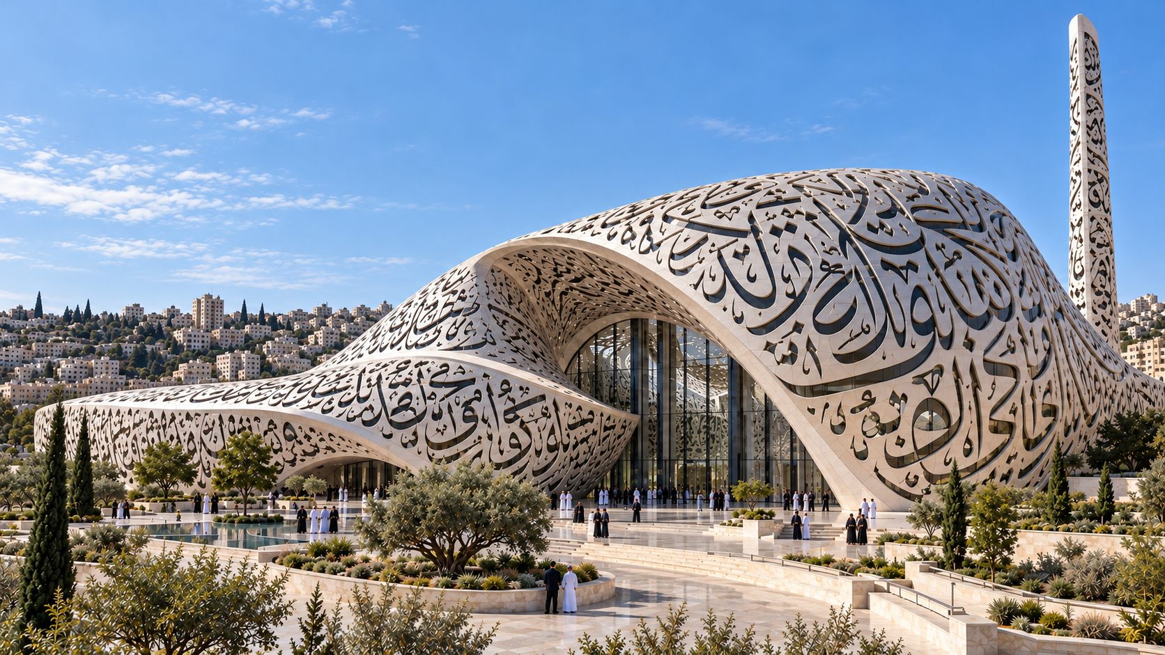Masjid Al Noor: a sculptural white stone mosque with carved calligraphy on a hillside in Amman