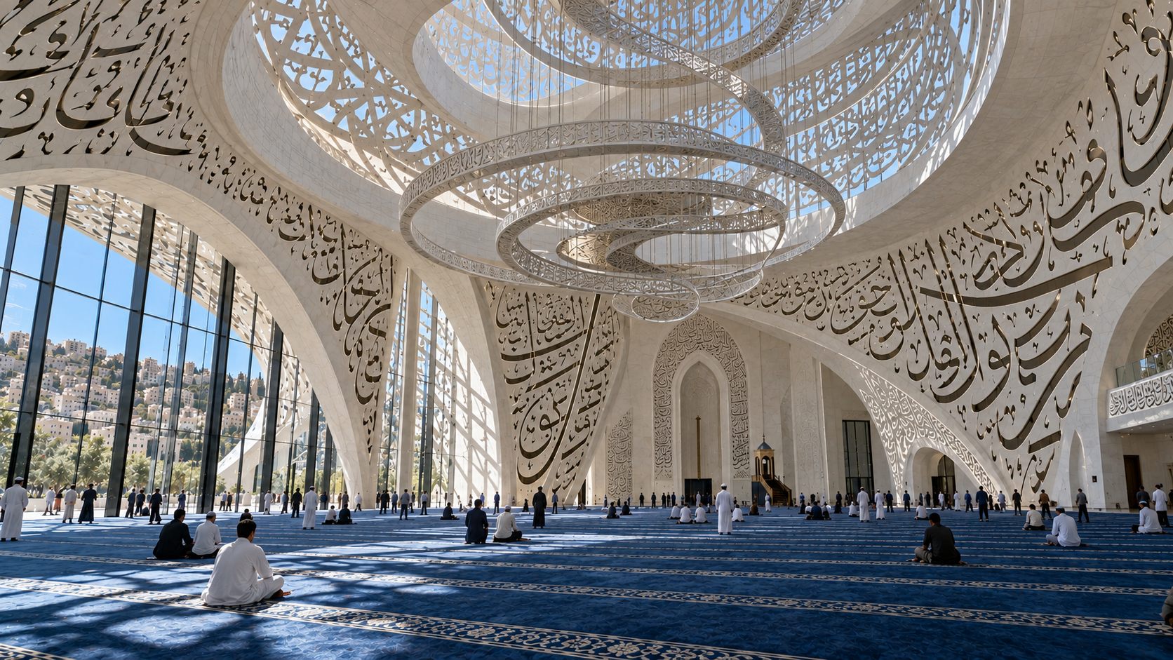 Masjid Al Noor: a sculptural white stone mosque with carved calligraphy on a hillside in Amman