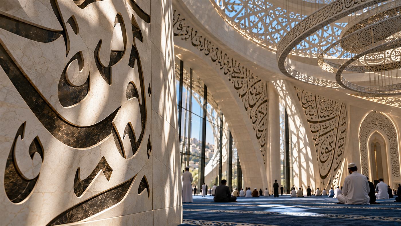 Masjid Al Noor: the prayer hall under the carved ceiling