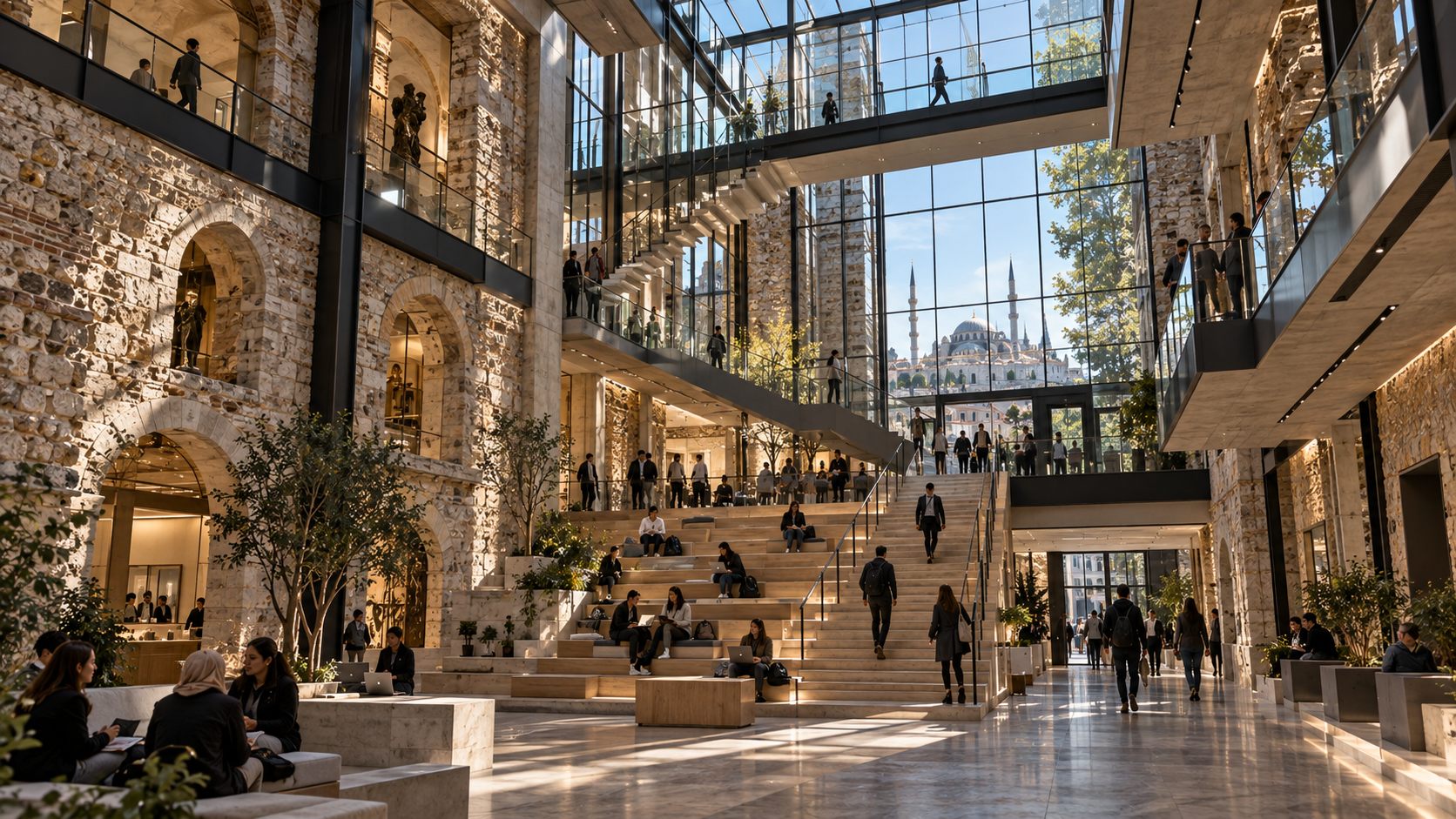 Müdrik School of Architecture: a historic stone building opened by a glass atrium in Istanbul